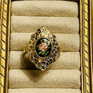 SOLD -Vintage 18k electroplated Gold Floral Porcelain Cameo Ring with Pink Rose